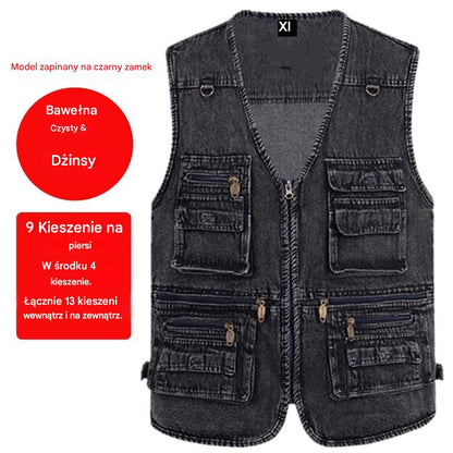 【Nowa kolekcja -50%】Męska dżinsowa kamizelka z wieloma kieszeniami 【XL–7XL】 – Wytrzymała, przewiewna i wygodna