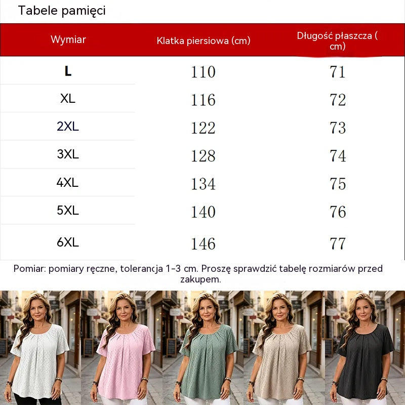 ✨【L-6XL】Elegancka damska bluzka z ażurowym haftem i plisowanym dekoltem, luźna koszulka z krótkim rękawem, teksturowana koszula w francuskim stylu.