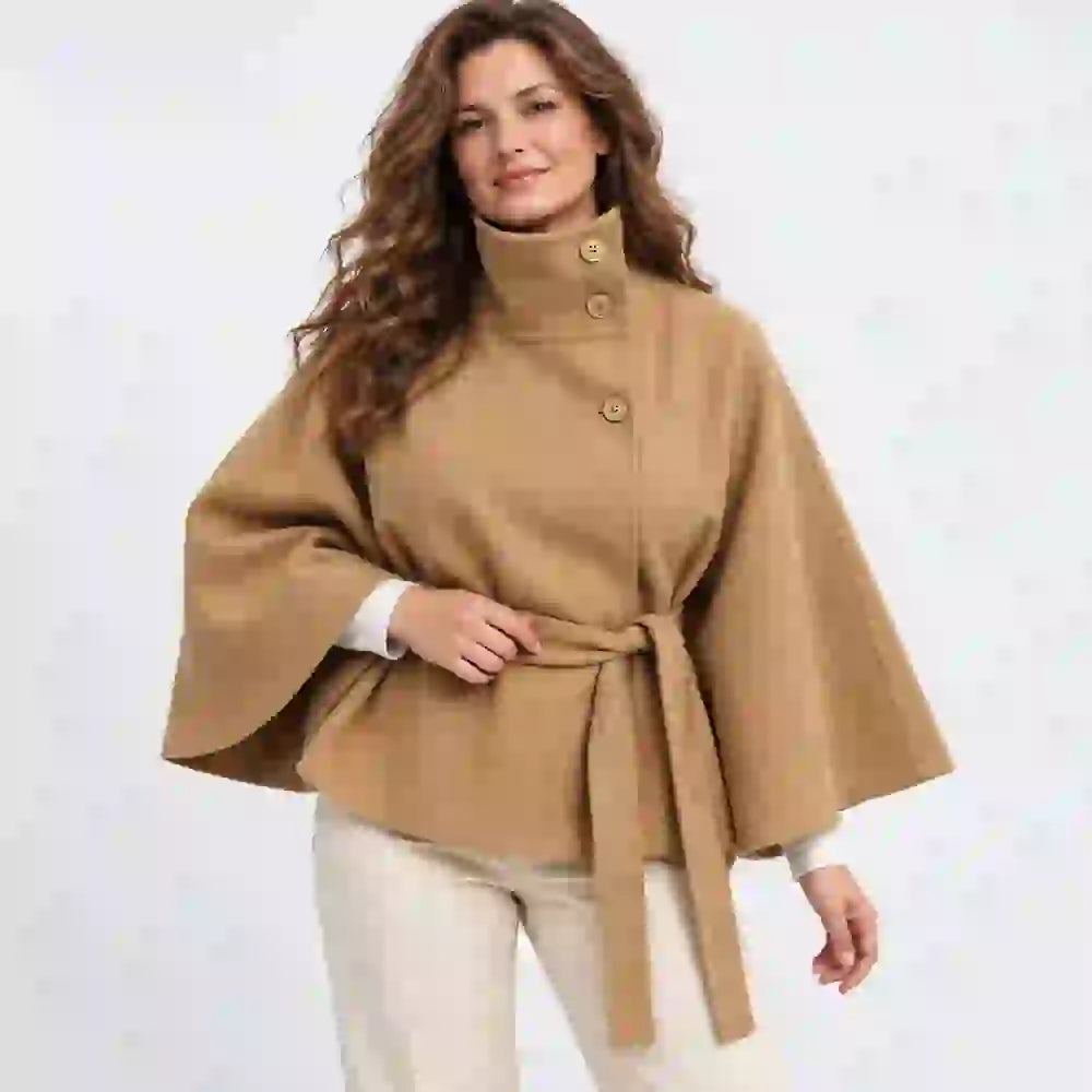 ✨【S-3XL】Nowa modna damowa kurtka peleryna na jesień i zimę – gładka, z kołnierzem stójką, guzikami i paskiem