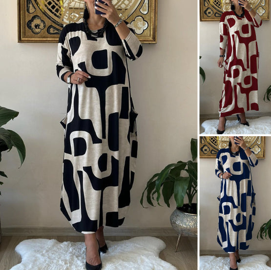 👗【Doprava zadarmo】Voľnočasová módna šaty s okrúhlym výstrihom a dlhou potlačenou sukňou s dlhým rukávom