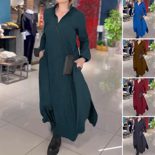 🔥【S-3XL】Nove jesensko-zimske obleke z dolgimi rokavi in V-izrezom – eleganten enobarvni model