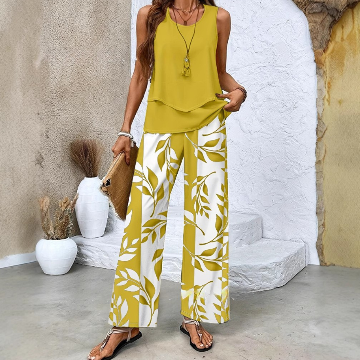 👗【S-2XL】 Komplet damski – top bez rękawów + spodnie z szerokimi nogawkami, elegancki i wygodny