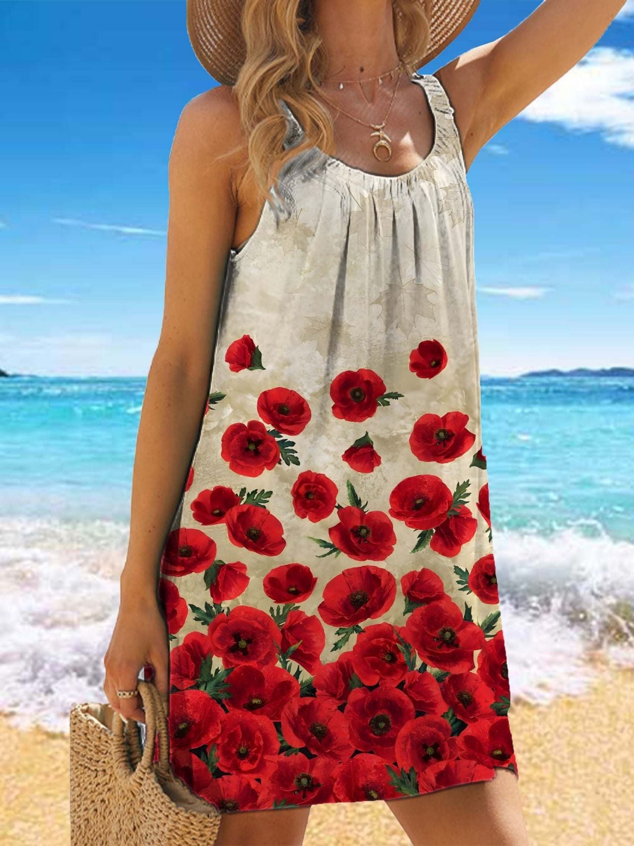 🎁【50% zniżki】✨🌊【S-5XL】Modna letnia sukienka na ramiączkach z kwiatowym nadrukiem