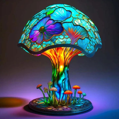 🍄Stolní lampa ve tvaru houby, vitráž s rostlinnou tematikou, retro noční lampa, vyrobená z barevné pryskyřice