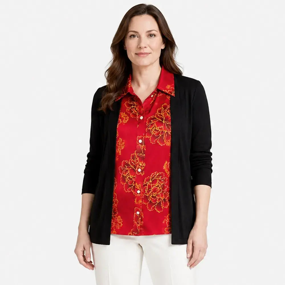 👚【M-4XL】Dwuczęściowa koszula damska z nadrukiem w patchworku – bluzka warstwowa z długim rękawem – modelująca brzuch, swobodny top na jesień