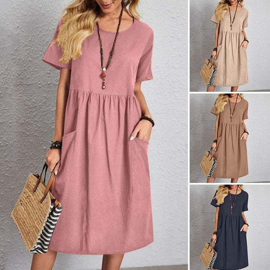 👗🎈Noutăți [S~5XL]✨ Rochie de vară 2025 din bumbac și in 🌿 | Lejeră, respirabilă, cu mânecă scurtă și decolteu rotund 🌞💃