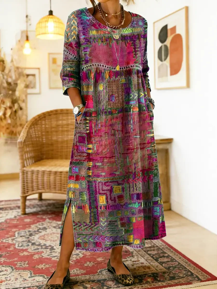 💟【50% POPUSTA】Ženska pamučna haljina s etničkim uzorkom i patchwork dizajnom, s čipkastim obrubom.