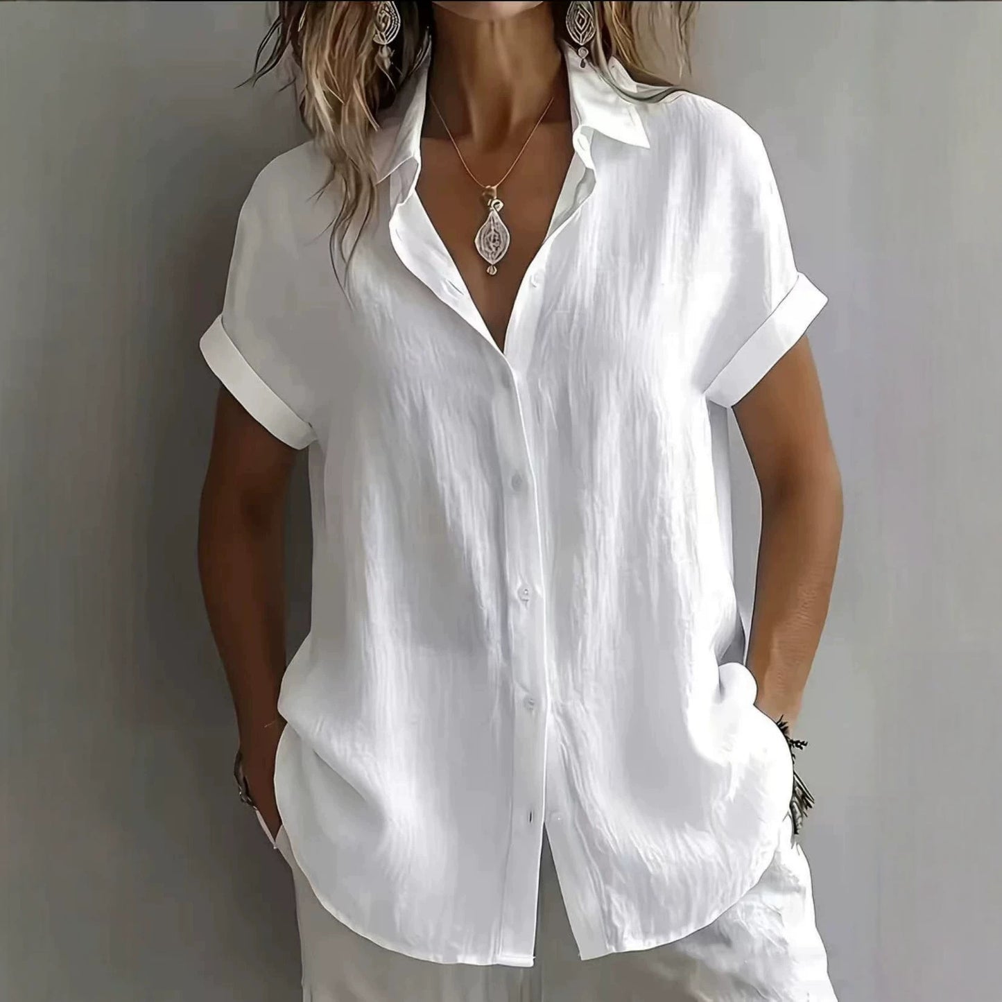 💃【S–2XL】Damska prosta lniana koszula z kołnierzykiem i krótkim rękawem na czas wolny