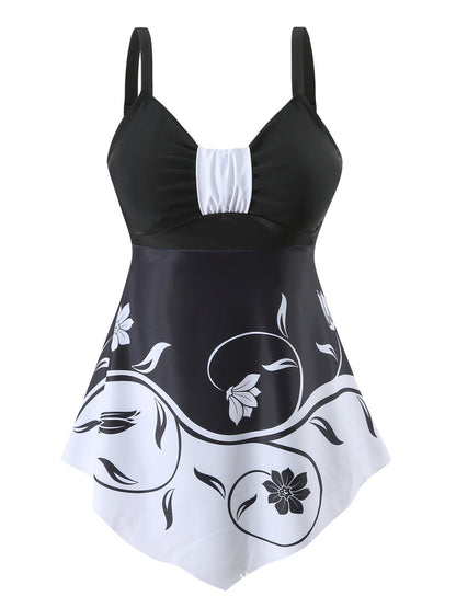 【50% zniżki】👙【S-5XL】Dwuczęściowy kostium kąpielowy z lekką spódniczką, niebieski kwiatowy wzór, elegancki fason modelujący brzuch, wygodny i przewiewny.
