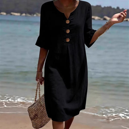 👗 Ženska haljina S–3XL – pamuk i lan, puf rukavi, gumbi, lagana i elegantna