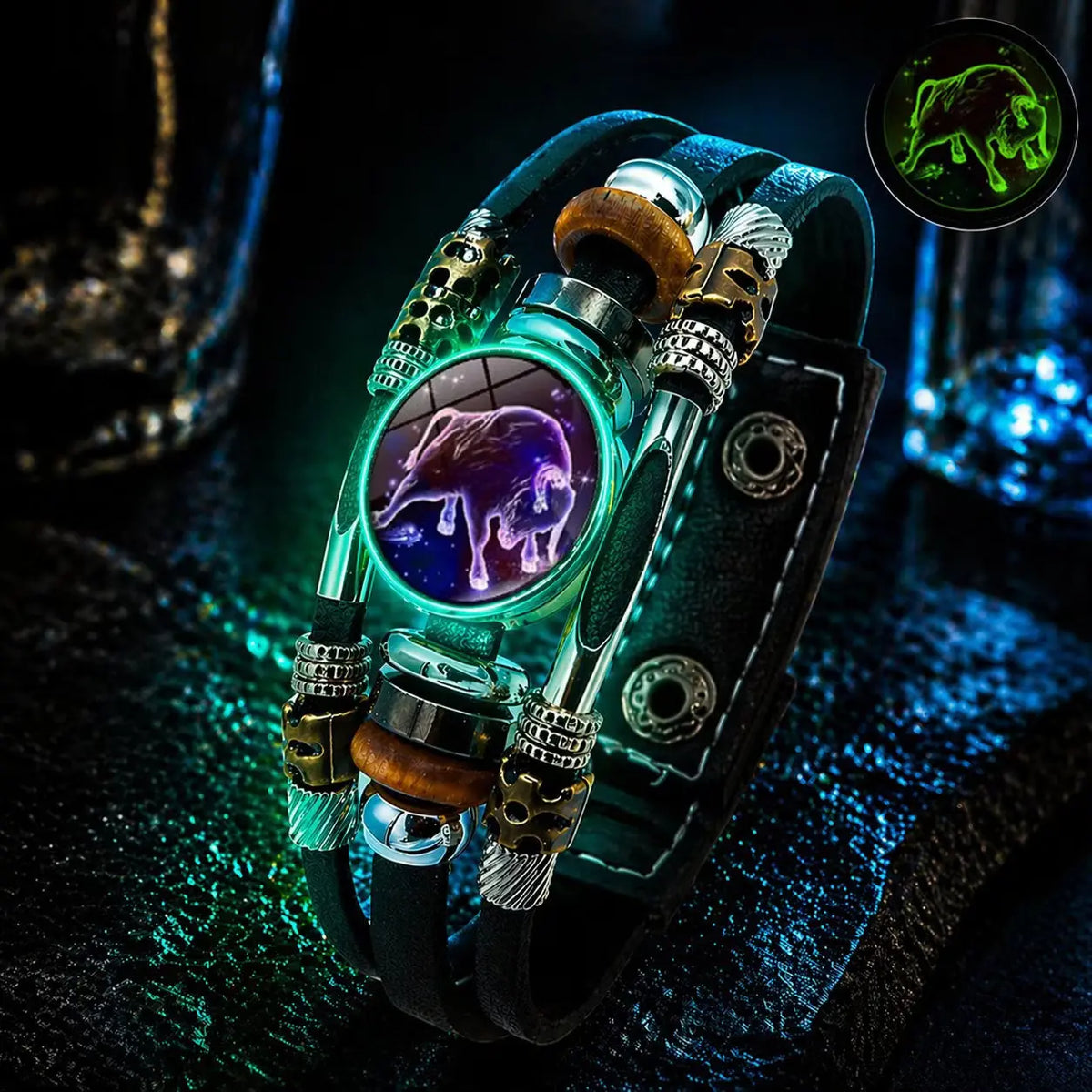 🌙 Świecąca skórzana bransoletka z symbolem zodiaku – 3-warstwowy pleciony, regulowana długość, unisex 💫✨