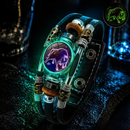 🌙 Świecąca skórzana bransoletka z symbolem zodiaku – 3-warstwowy pleciony, regulowana długość, unisex 💫✨