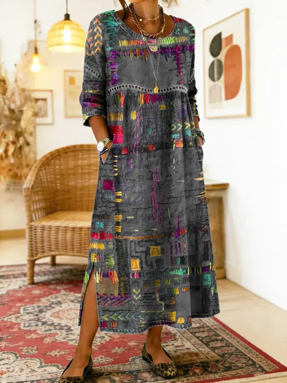 💟【50% POPUSTA】Ženska pamučna haljina s etničkim uzorkom i patchwork dizajnom, s čipkastim obrubom.