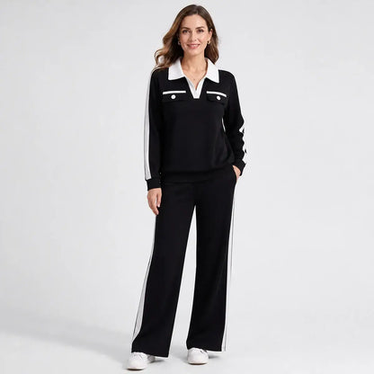 🔥 【M-3XL】Elegancki komplet dresowy damski ze spodniami wide leg i kołnierzykiem polo