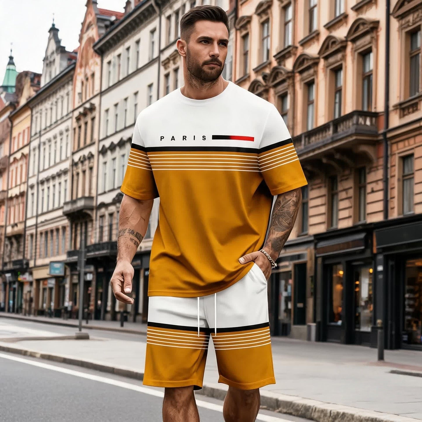 ✨【S-5XL】Męski, swobodny i wygodny komplet składający się z koszuli z krótkim rękawem i spodenek z nadrukowanym napisem.