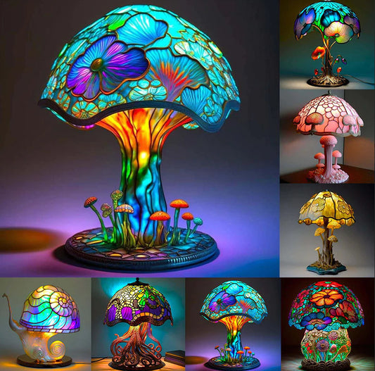 🍄Stolní lampa ve tvaru houby, vitráž s rostlinnou tematikou, retro noční lampa, vyrobená z barevné pryskyřice
