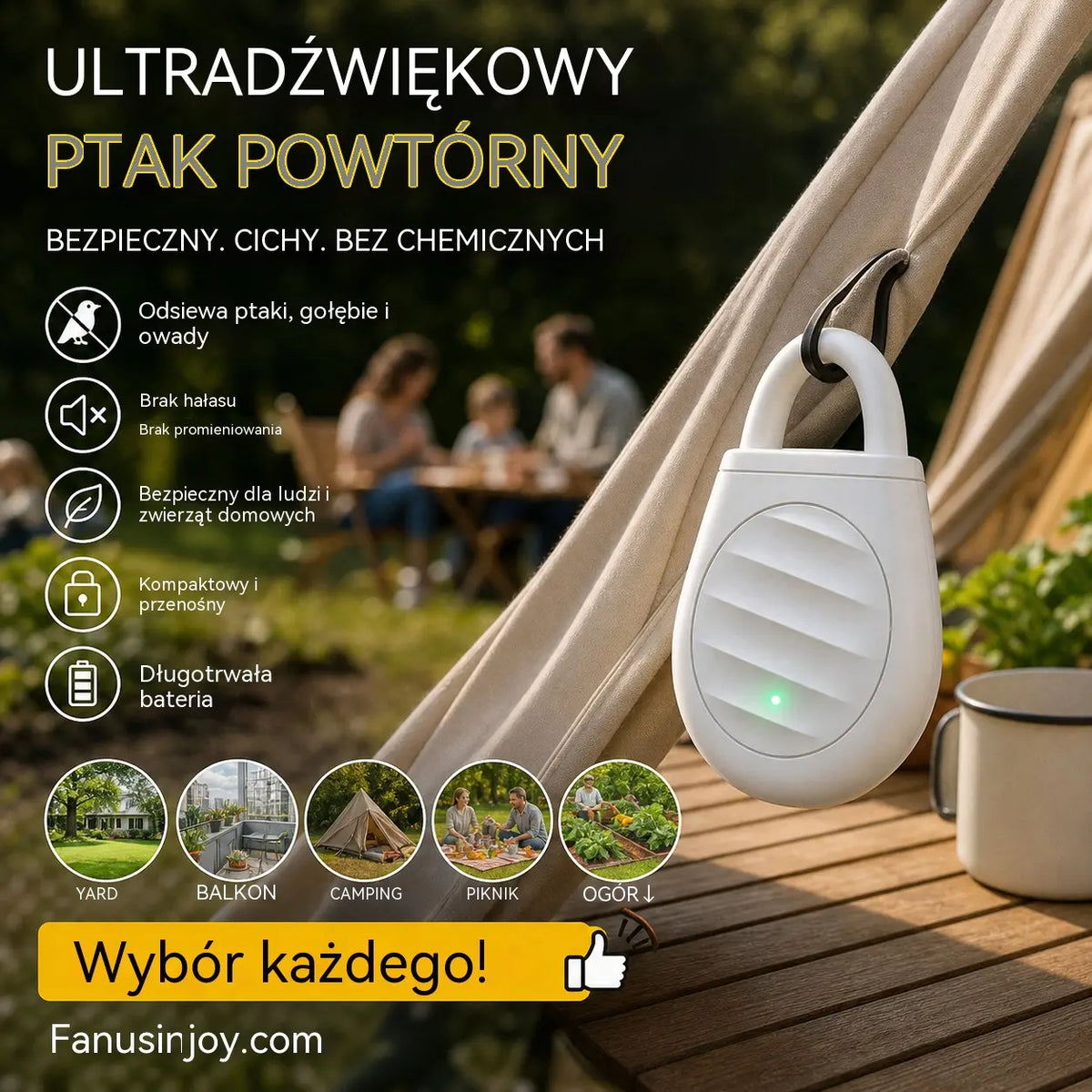 🐦 Przenośny ultradźwiękowy odstraszacz ptaków – na gołębie, balkon, ogród i taras