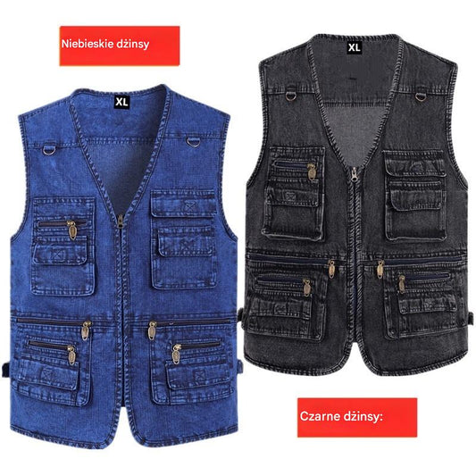 【Nowa kolekcja -50%】Męska dżinsowa kamizelka z wieloma kieszeniami 【XL–7XL】 – Wytrzymała, przewiewna i wygodna
