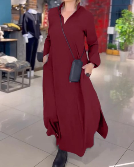 🔥【S-3XL】Nove jesensko-zimske obleke z dolgimi rokavi in V-izrezom – eleganten enobarvni model