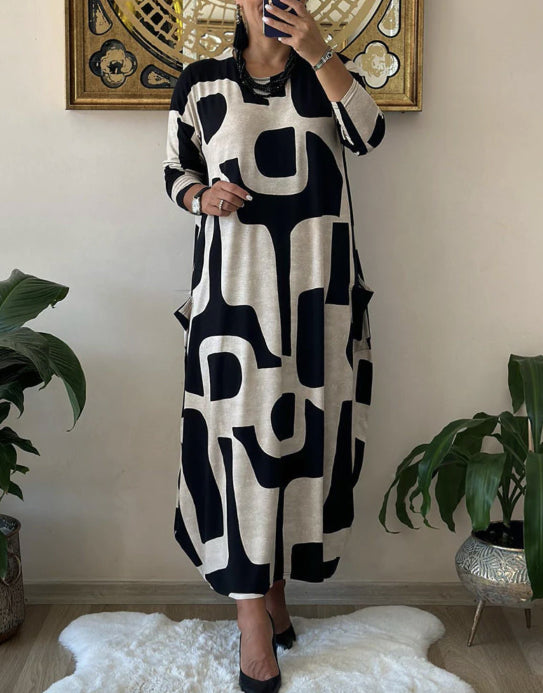 👗【Doprava zadarmo】Voľnočasová módna šaty s okrúhlym výstrihom a dlhou potlačenou sukňou s dlhým rukávom