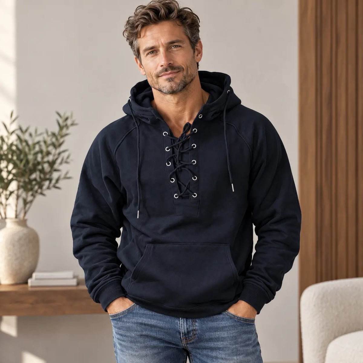 🧥【S–3XL】Nowa męska bluza w stylu retro z kapturem, regulowanym sznurkiem i wieloma kieszeniami – luźny fason w większych rozmiarach