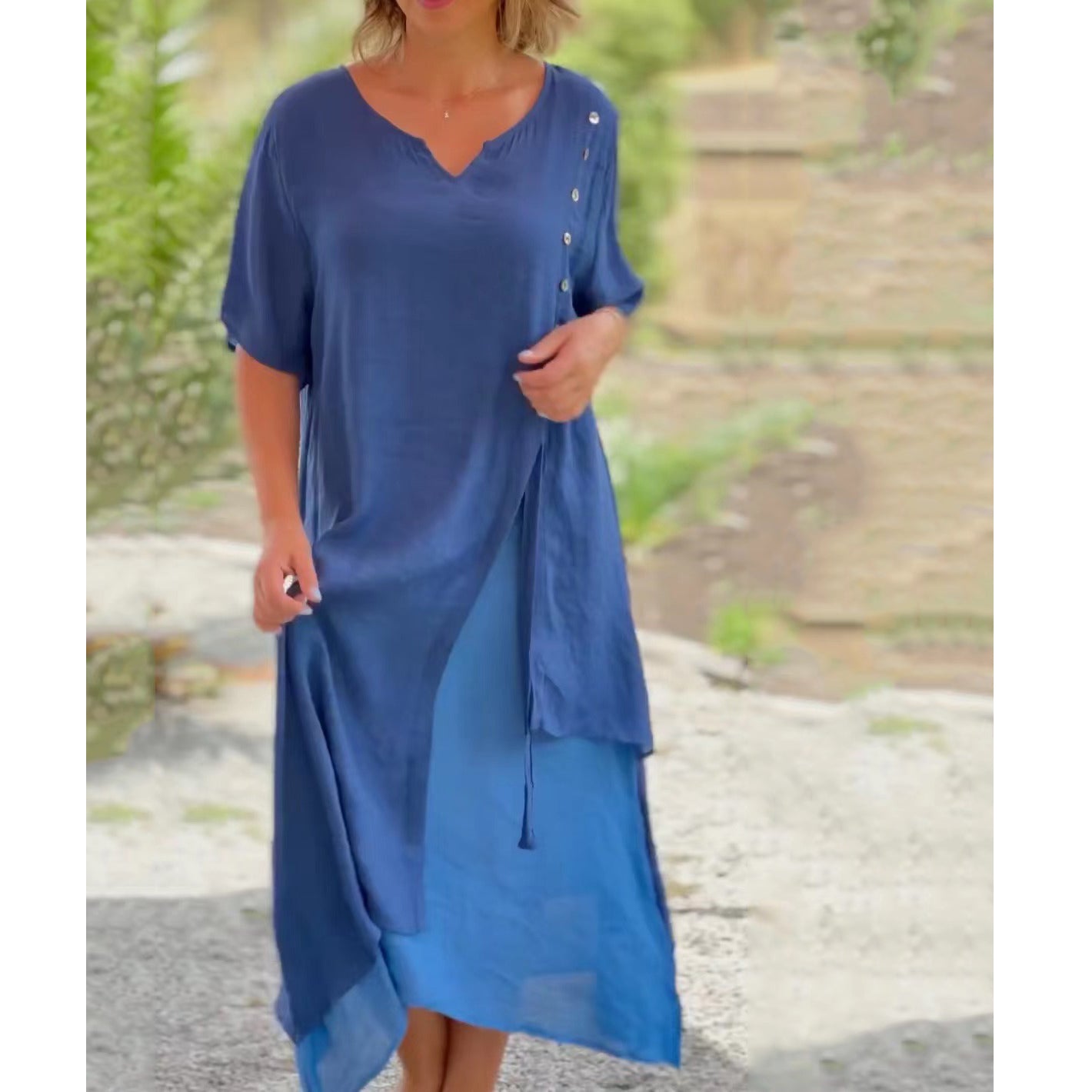 🔥💗【S-4XL】✨Elegantné 2-v-1 bavlnené šaty z kvalitného materiálu, výstrih do V, asymetrický dizajn – Štýl 2025 🌟👗