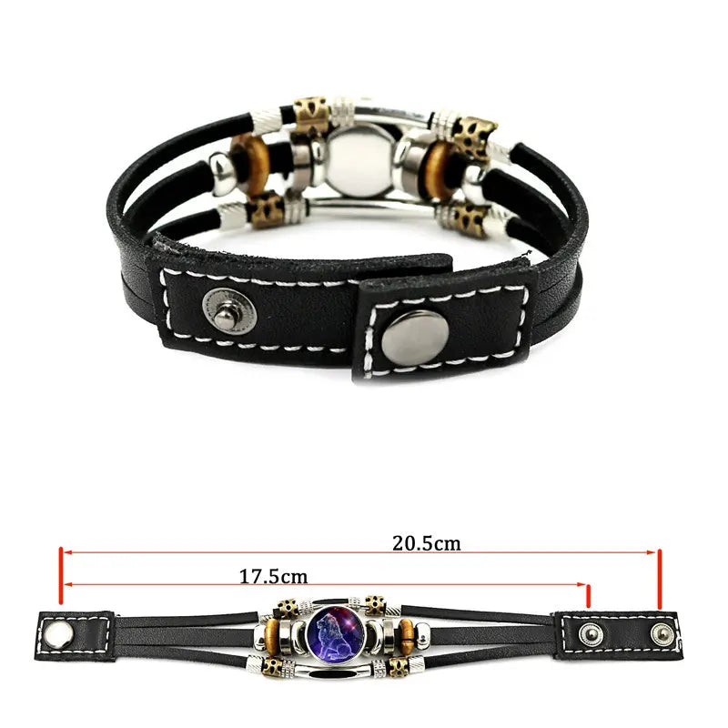 🌙 Świecąca skórzana bransoletka z symbolem zodiaku – 3-warstwowy pleciony, regulowana długość, unisex 💫✨