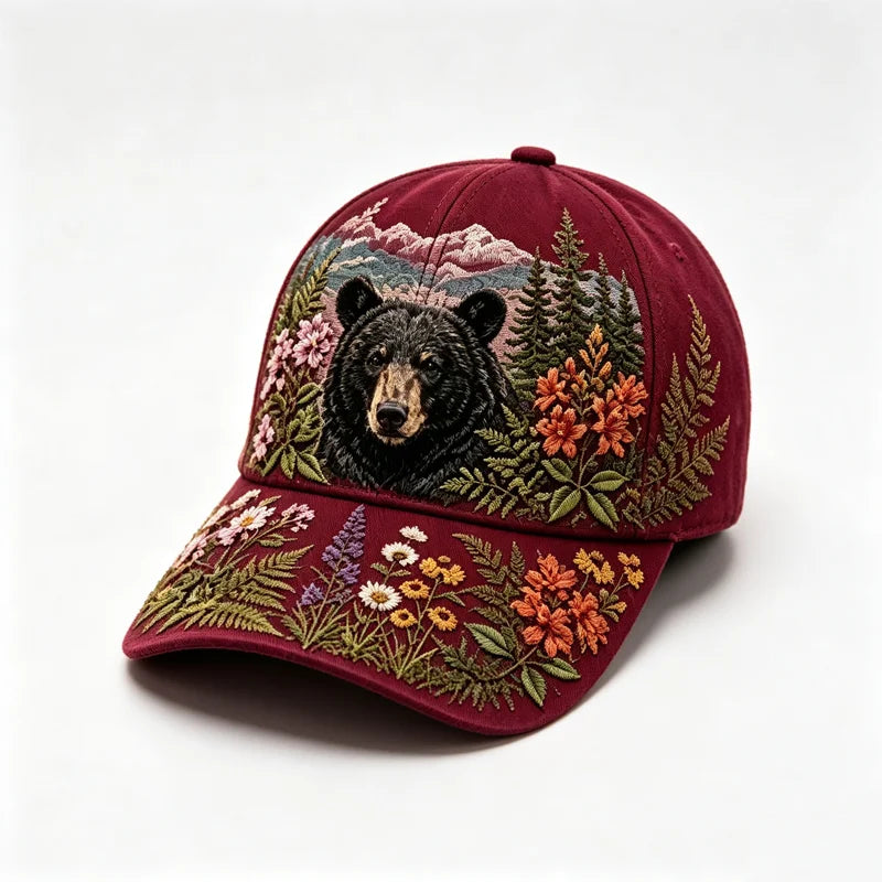 🛍️ Edycja Retro: Letnia czapka z daszkiem „Great Smoky Mountains” ✨ Motyw czarnego niedźwiedzia i polnych kwiatów | Regulowany model w stylu outdoor vintage