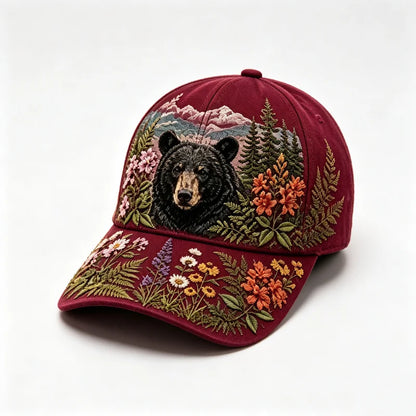 🛍️ Edycja Retro: Letnia czapka z daszkiem „Great Smoky Mountains” ✨ Motyw czarnego niedźwiedzia i polnych kwiatów | Regulowany model w stylu outdoor vintage