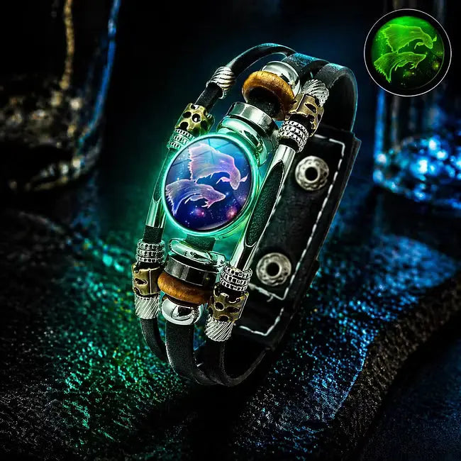 🌙 Świecąca skórzana bransoletka z symbolem zodiaku – 3-warstwowy pleciony, regulowana długość, unisex 💫✨