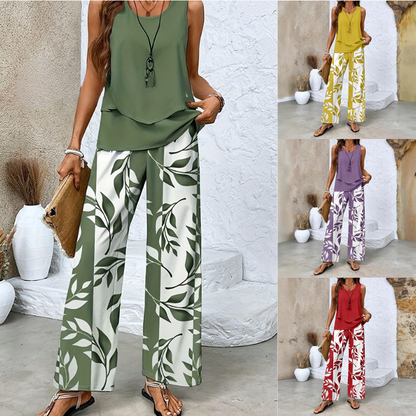 👗【S-2XL】 Komplet damski – top bez rękawów + spodnie z szerokimi nogawkami, elegancki i wygodny
