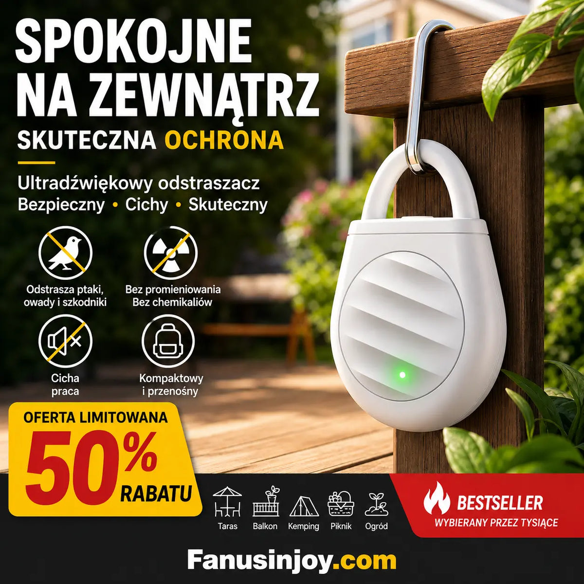 🐦 Przenośny ultradźwiękowy odstraszacz ptaków – na gołębie, balkon, ogród i taras