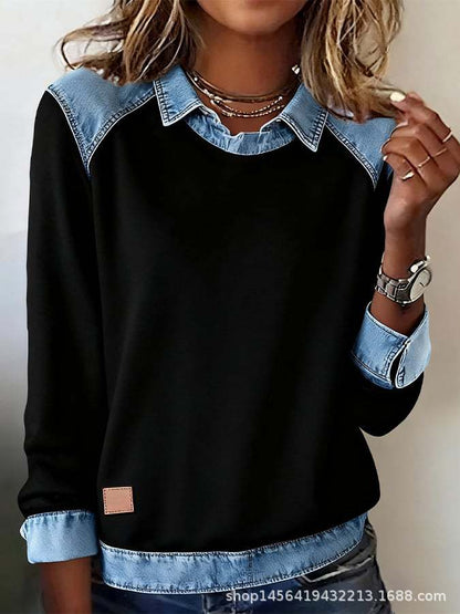 🌷Nova zimska modna majica z jeans patchworkom – topla, udobna in primerna za vsakodnevno nošenje