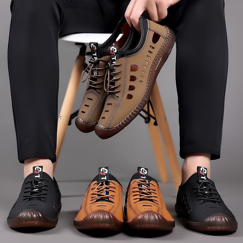 ✨【Rozmiary 39-44】Męskie casualowe buty z perforowaną, przewiewną konstrukcją i antypoślizgową podeszwą z naturalnej skóry.