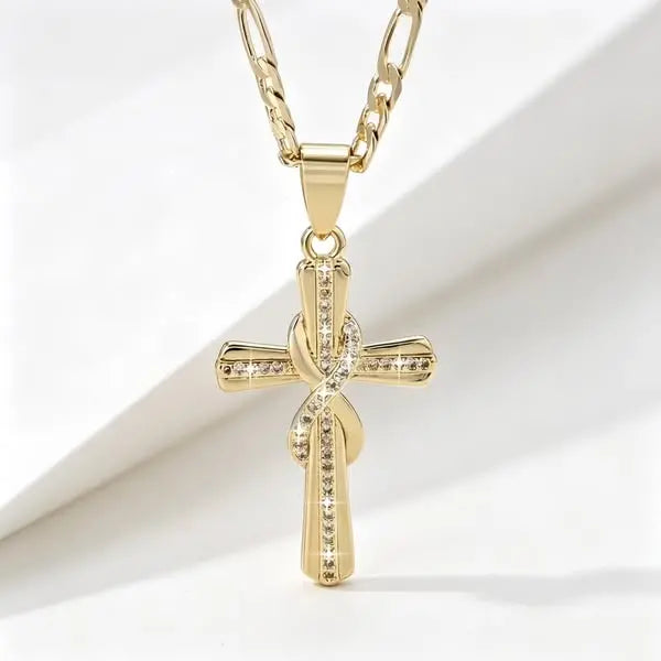 🎀💖Naszyjnik z symbolem nieskończoności w kształcie krzyża – ozdobiony kryształkami 14K