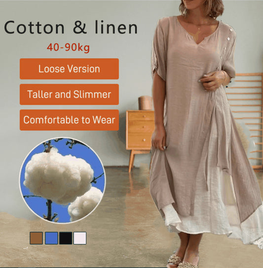 🔥💗【S-4XL】✨Elegantní dvoudílné bavlněné šaty 2 v 1 s výstřihem do V, asymetrickým střihem – Styl 2025 🌟👗