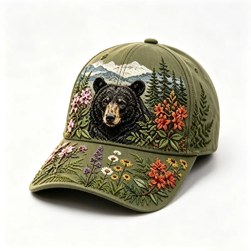 🛍️ Edycja Retro: Letnia czapka z daszkiem „Great Smoky Mountains” ✨ Motyw czarnego niedźwiedzia i polnych kwiatów | Regulowany model w stylu outdoor vintage