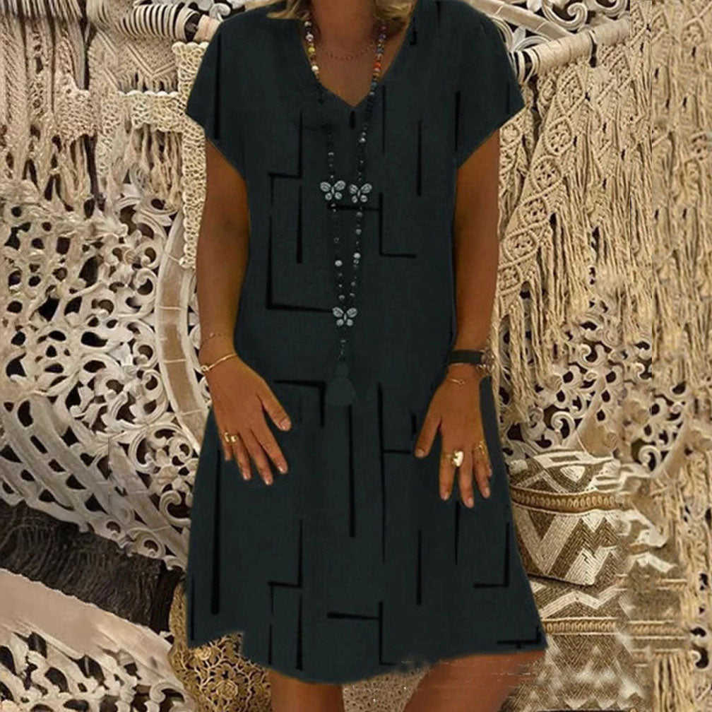 😍👗【S–5XL】Nowa sukienka z bawełny i lnu z dekoltem w serek i nadrukiem – Obniżona cena