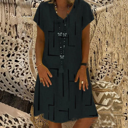 😍👗【S–5XL】Nowa sukienka z bawełny i lnu z dekoltem w serek i nadrukiem – Obniżona cena