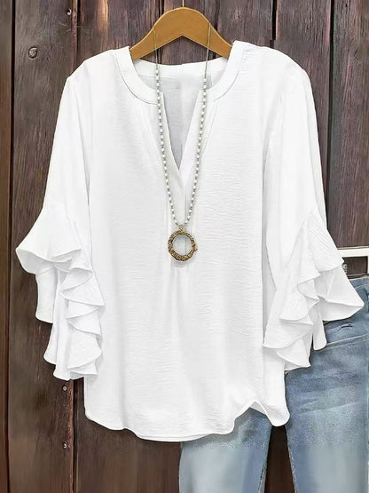 😍【L-5XL】Damska bluzka z dekoltem w serek i falbanami – rozmiary plus size
