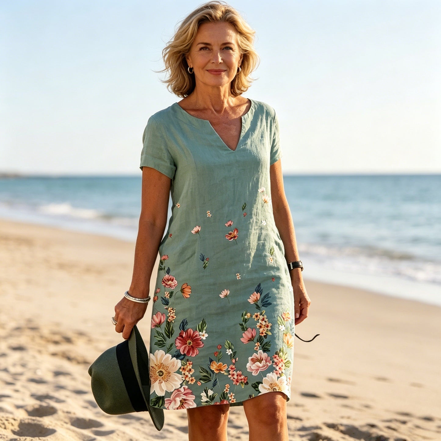 🌺【S-3XL】✨ Letnia bawełniana i lniana prosta sukienka z dekoltem w serek, krótkimi rękawami z nadrukiem motyli i kwiatów