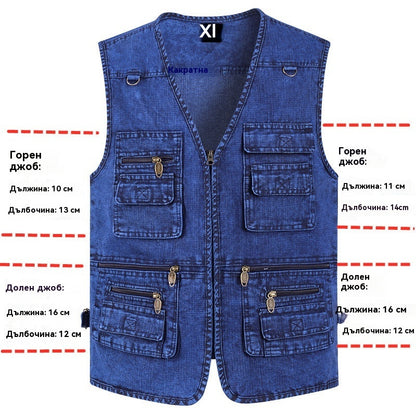 🔥 【Нова колекция -50% 】Мъжки дънков елек с много джобове 【XL–7XL】 – Издръжлив, дишащ и удобен