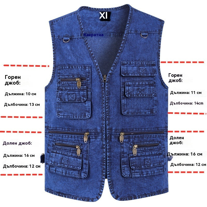 🔥 【Нова колекция -50% 】Мъжки дънков елек с много джобове 【XL–7XL】 – Издръжлив, дишащ и удобен