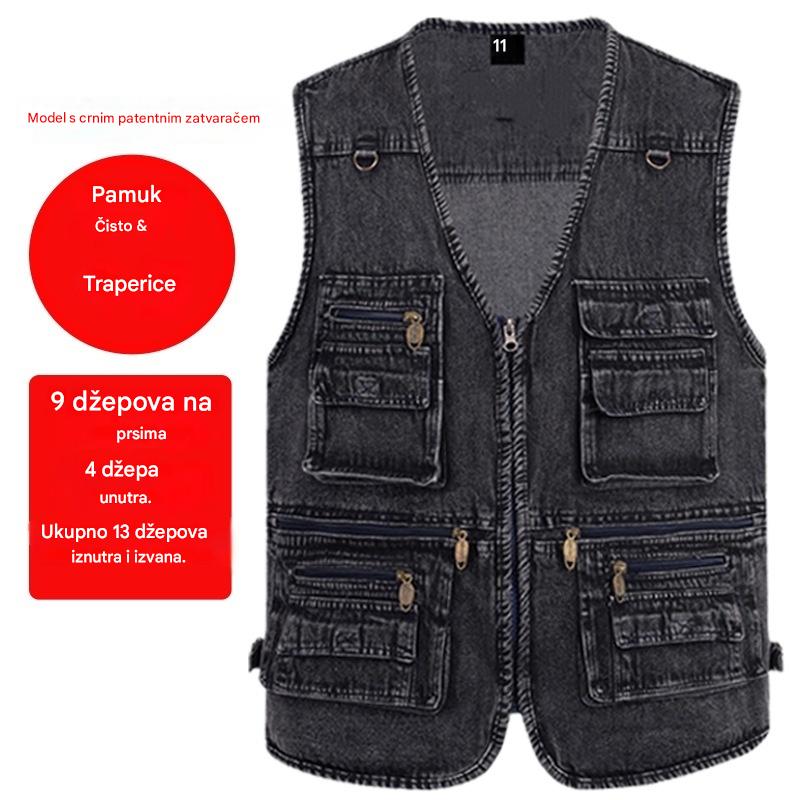 🔥 【Nova kolekcija -50% 】Muški džinski prsluk s mnogo džepova 【XL–7XL】 – Izdržljiv, prozračan i udoban