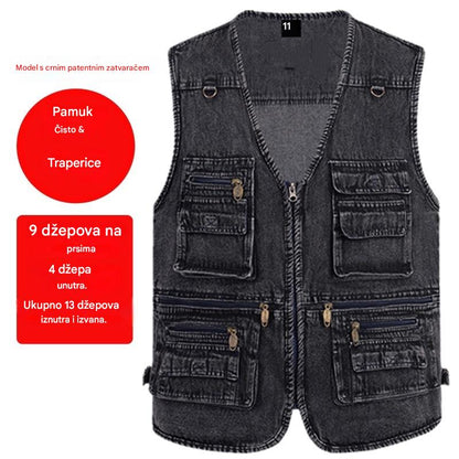 🔥 【Nova kolekcija -50% 】Muški džinski prsluk s mnogo džepova 【XL–7XL】 – Izdržljiv, prozračan i udoban