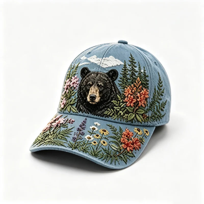 🛍️ Edycja Retro: Letnia czapka z daszkiem „Great Smoky Mountains” ✨ Motyw czarnego niedźwiedzia i polnych kwiatów | Regulowany model w stylu outdoor vintage