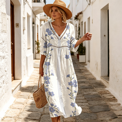 👗【S-3XL】Letnia sukienka z bawełny i lnu w kwiaty, długa, z dekoltem w serek
