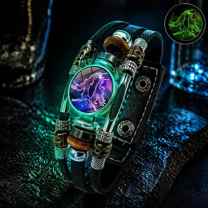🌙 Świecąca skórzana bransoletka z symbolem zodiaku – 3-warstwowy pleciony, regulowana długość, unisex 💫✨