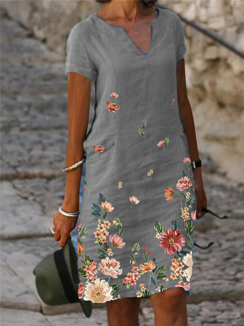 🌺【S-3XL】✨ Letnia bawełniana i lniana prosta sukienka z dekoltem w serek, krótkimi rękawami z nadrukiem motyli i kwiatów