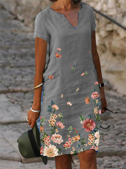 🌺【S-3XL】✨ Letnia bawełniana i lniana prosta sukienka z dekoltem w serek, krótkimi rękawami z nadrukiem motyli i kwiatów